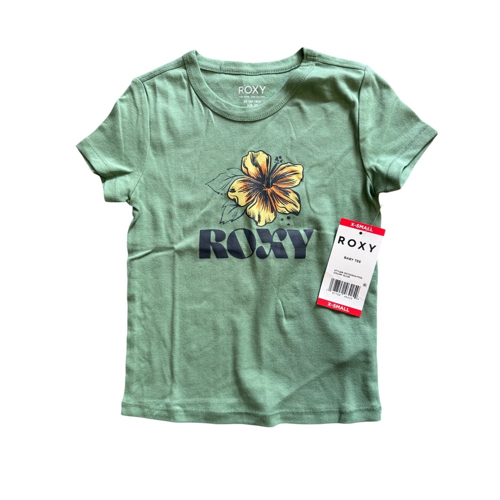 Roxy Baby Tee Olive Green Hibiscus Flower Logo Graphic T-Shirt XS RZ7205DAYP88